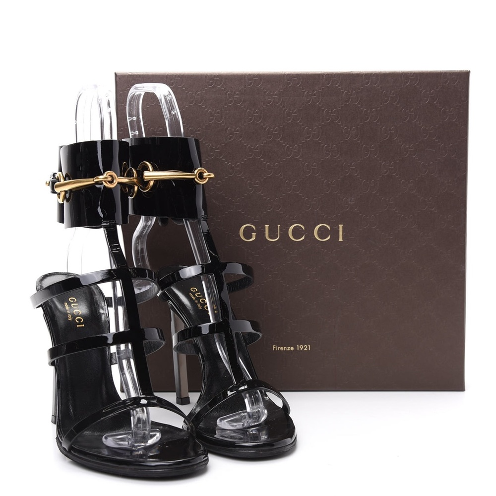Gucci Ursula Patent Ankle-Wrap Cage Sandal, Black size 5